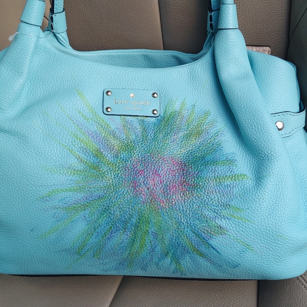 Blue KATE SPADE Hand Painted Flower Leather Bag - Picture 7 of 8